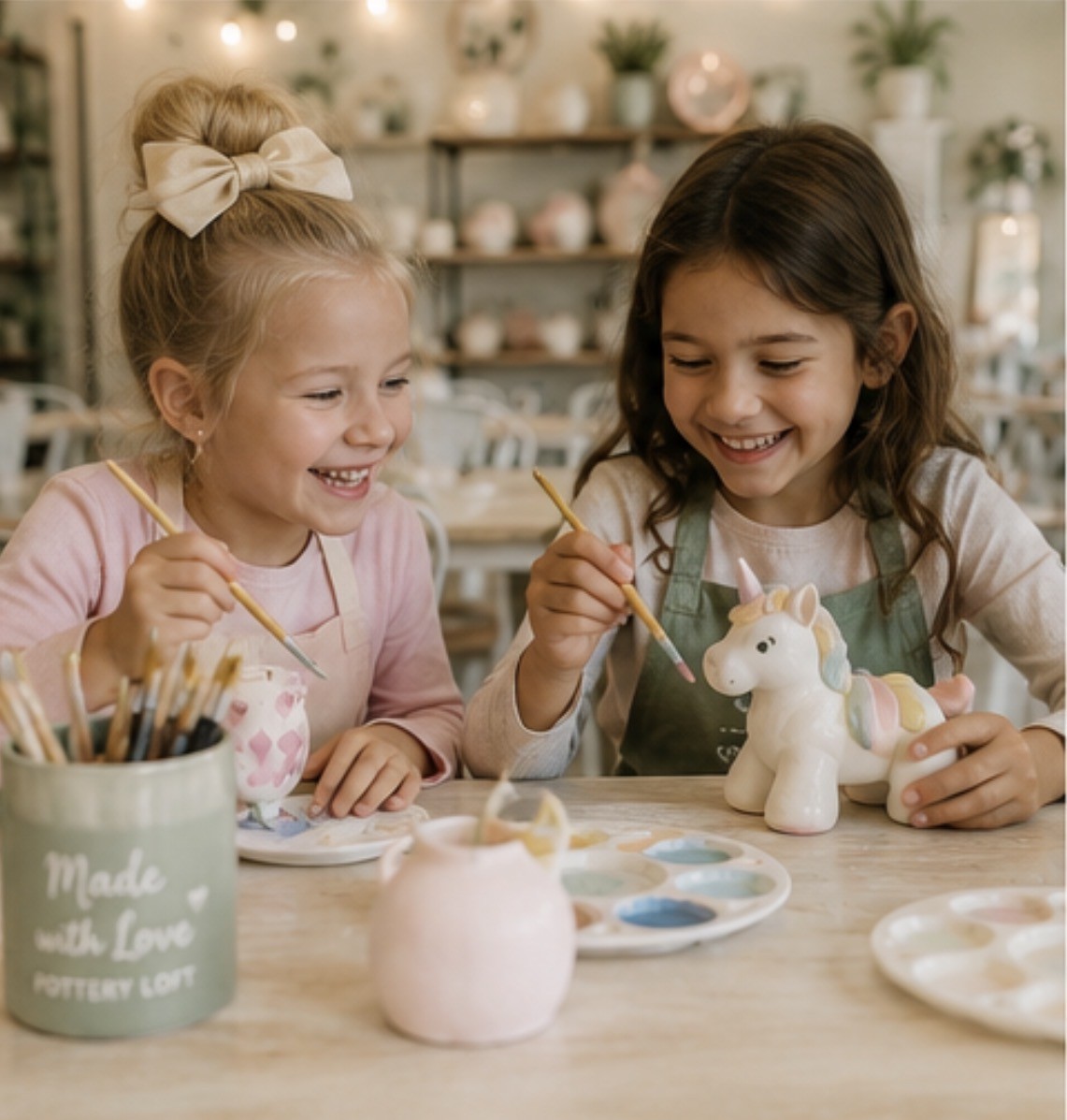Kids painting pottery together